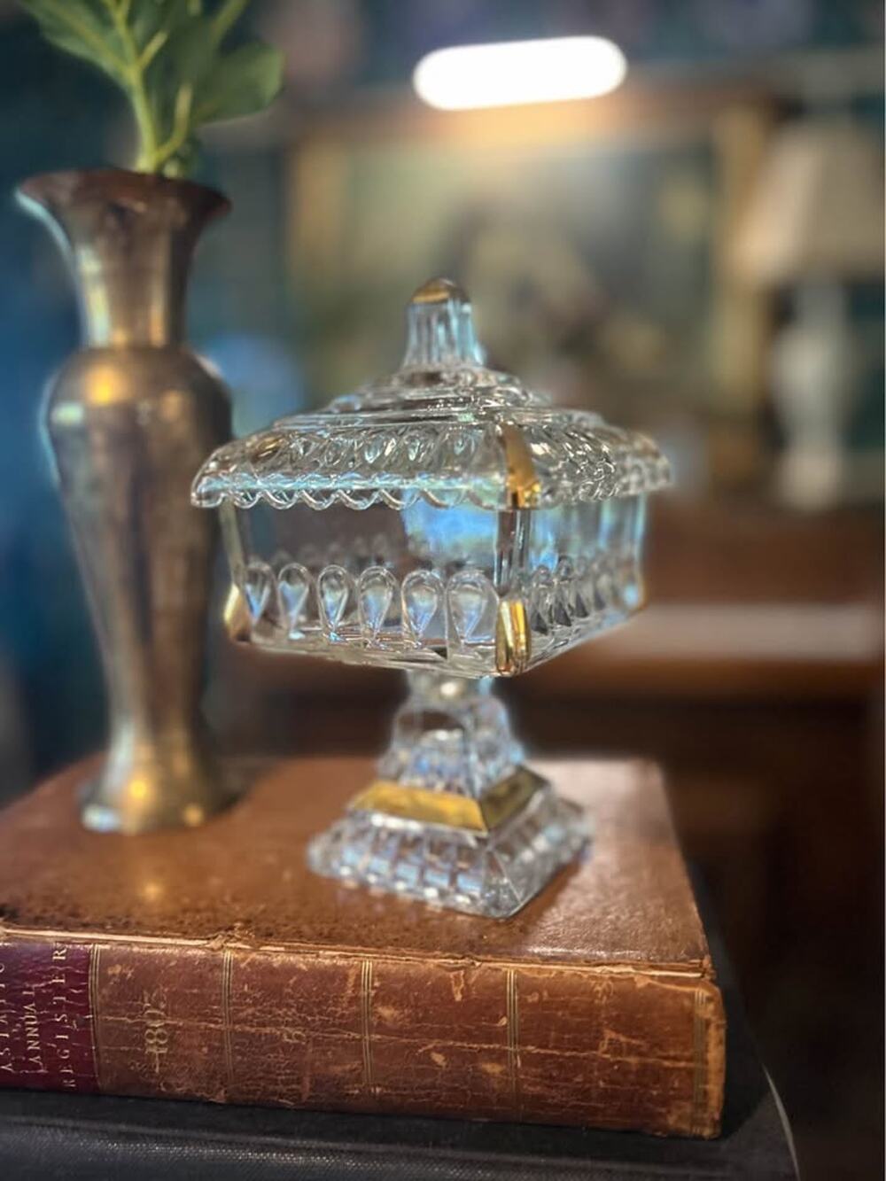 Vintage Glass Wedding Cake Pedestal Box with Gold Accents